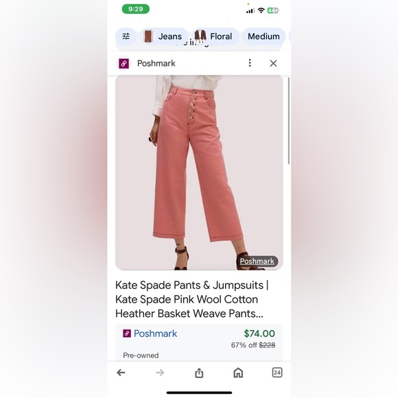 Kate Spade Pink Wool Cotton Heather Basket Weave Pants Wide Leg Cropped Button - Picture 11 of 12